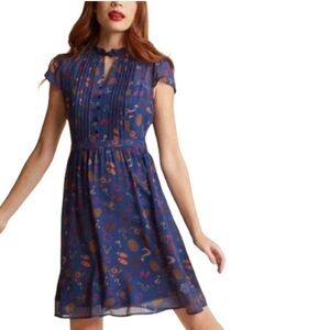 ModCloth‎ Oh Say Can Museum Navy Print Lined Short Sleeve Dress in Size Large